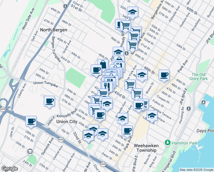 map of restaurants, bars, coffee shops, grocery stores, and more near 516 Lincoln Street in Union City