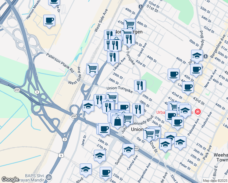map of restaurants, bars, coffee shops, grocery stores, and more near 1524 Union Turnpike in North Bergen