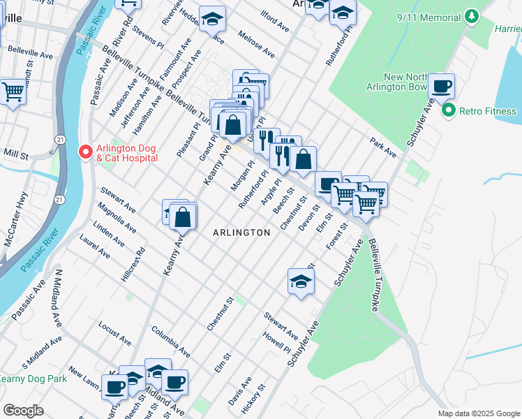 map of restaurants, bars, coffee shops, grocery stores, and more near 93 Seeley Avenue in Kearny