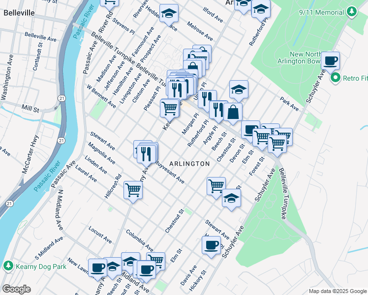 map of restaurants, bars, coffee shops, grocery stores, and more near 75 Morgan Place in Kearny
