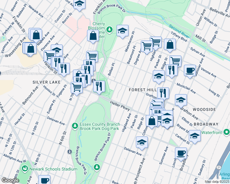 map of restaurants, bars, coffee shops, grocery stores, and more near 84 Forest Hill Parkway in Newark