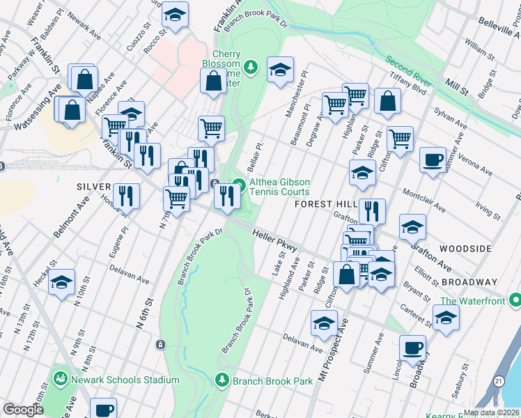 map of restaurants, bars, coffee shops, grocery stores, and more near 84 Forest Hill Parkway in Newark