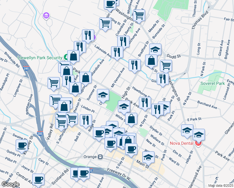 map of restaurants, bars, coffee shops, grocery stores, and more near 206 Baldwin Terrace in City of Orange