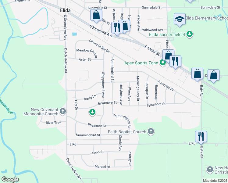 map of restaurants, bars, coffee shops, grocery stores, and more near 2875 Hollyhock Avenue in Lima