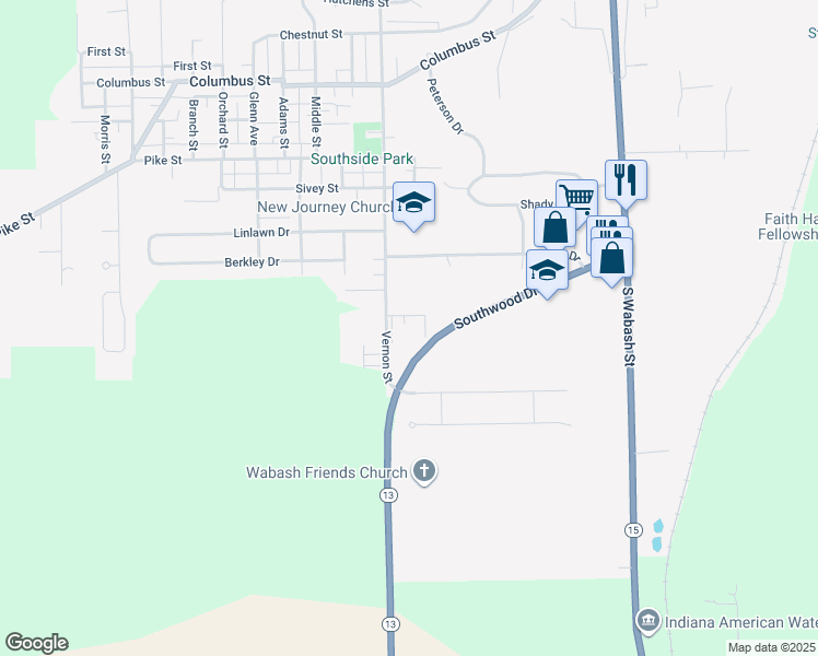 map of restaurants, bars, coffee shops, grocery stores, and more near 1955 Vernon Street in Wabash