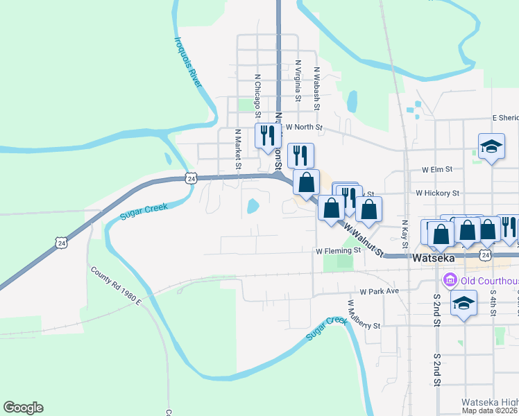 map of restaurants, bars, coffee shops, grocery stores, and more near 827 West Lafayette Street in Watseka