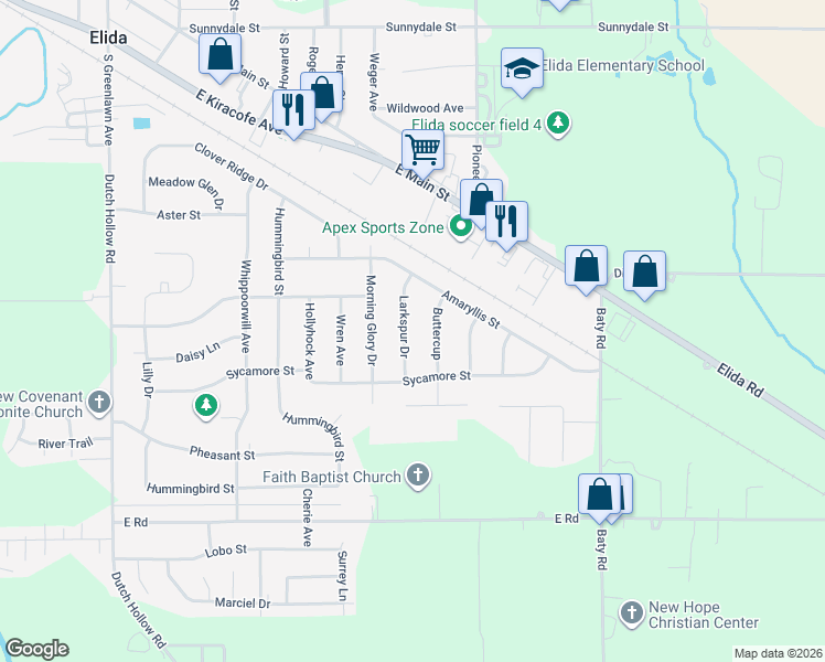 map of restaurants, bars, coffee shops, grocery stores, and more near 2126 Larkspur Drive in Elida