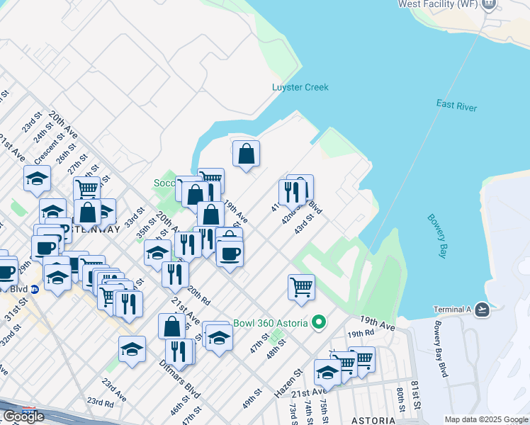 map of restaurants, bars, coffee shops, grocery stores, and more near 18-26 41st Street in Queens
