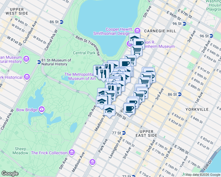 map of restaurants, bars, coffee shops, grocery stores, and more near 6 East 82nd Street in New York