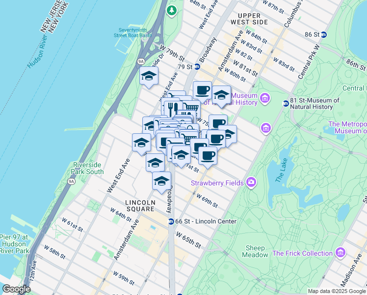 map of restaurants, bars, coffee shops, grocery stores, and more near 175 West 72nd Street in New York