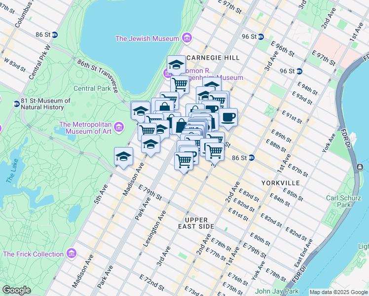 map of restaurants, bars, coffee shops, grocery stores, and more near 110 East 84th Street in New York