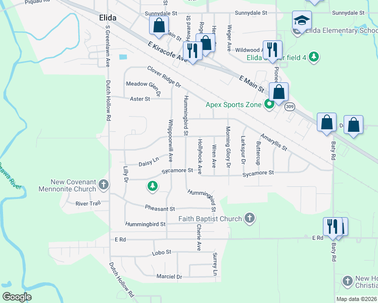 map of restaurants, bars, coffee shops, grocery stores, and more near 2875 Hollyhock Avenue in Lima
