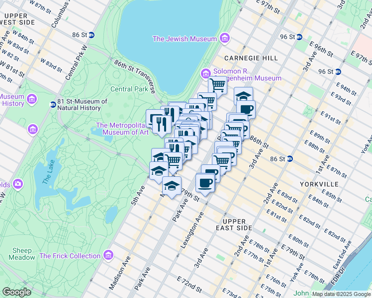 map of restaurants, bars, coffee shops, grocery stores, and more near 30 East 83rd Street in New York