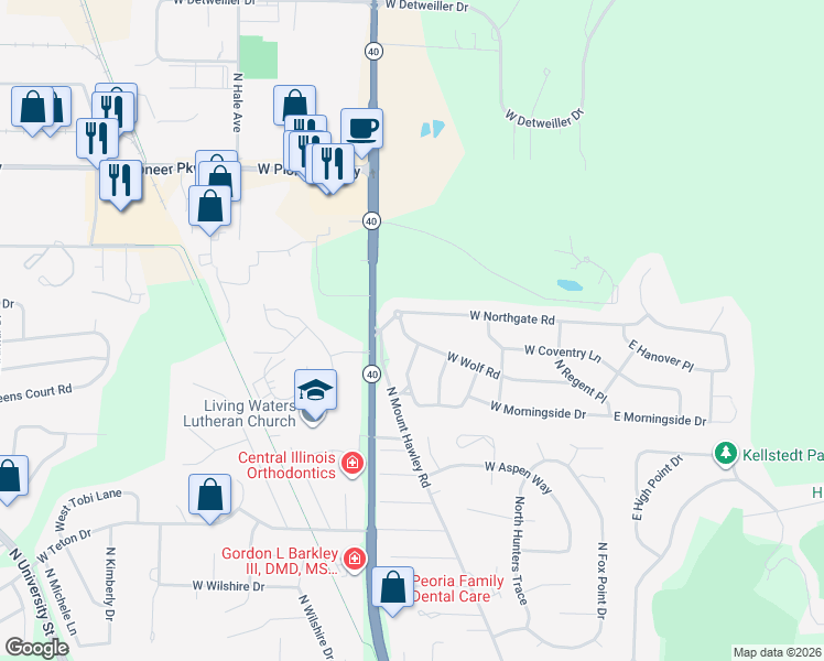 map of restaurants, bars, coffee shops, grocery stores, and more near 525 West Wolf Road in Peoria