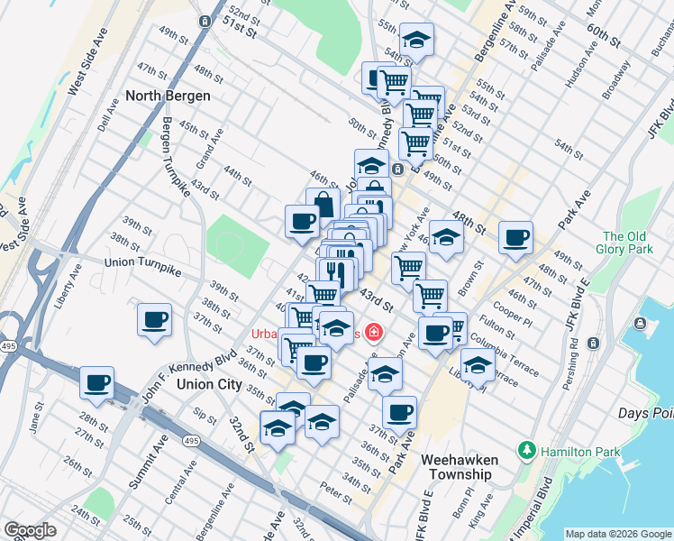 map of restaurants, bars, coffee shops, grocery stores, and more near 516 Lincoln Street in Union City