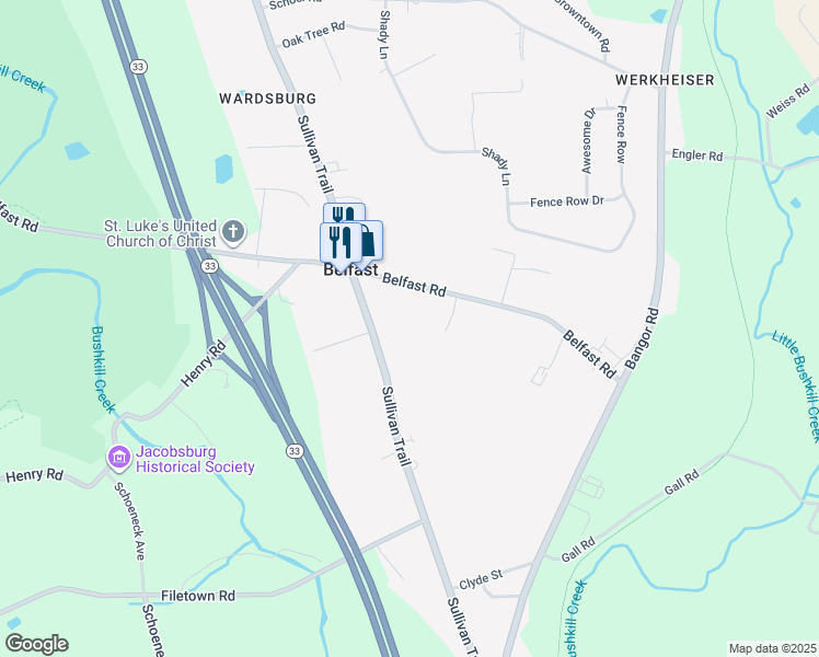 map of restaurants, bars, coffee shops, grocery stores, and more near 5850 Sullivan Trail in Nazareth