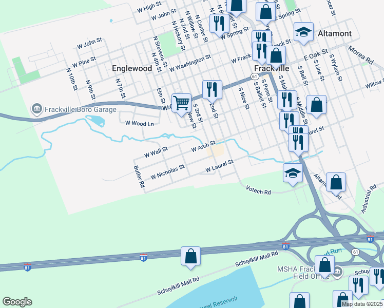 map of restaurants, bars, coffee shops, grocery stores, and more near 510 West Arch Street in Frackville