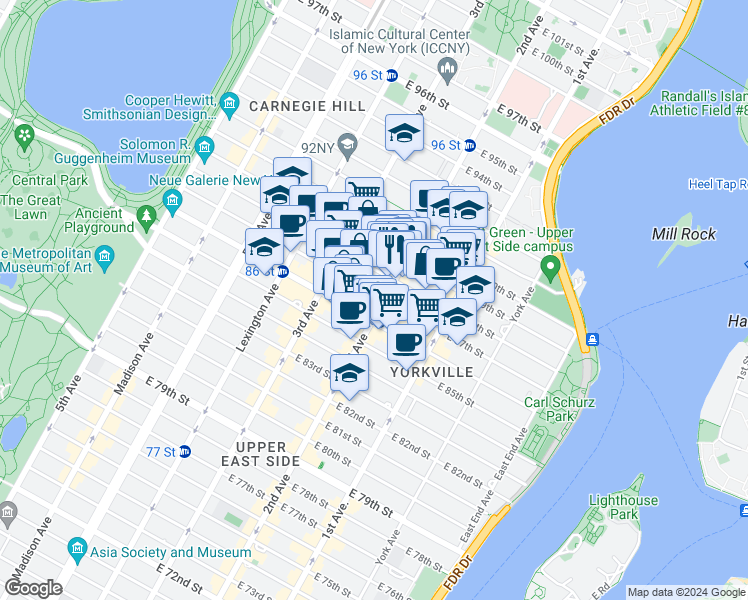 map of restaurants, bars, coffee shops, grocery stores, and more near 260 East 87th Street in New York