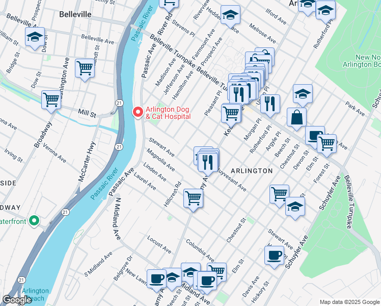 map of restaurants, bars, coffee shops, grocery stores, and more near 21 Pleasant Place in Kearny
