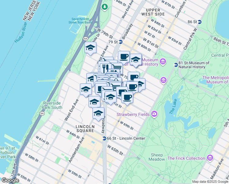 map of restaurants, bars, coffee shops, grocery stores, and more near 163 West 72nd Street in New York