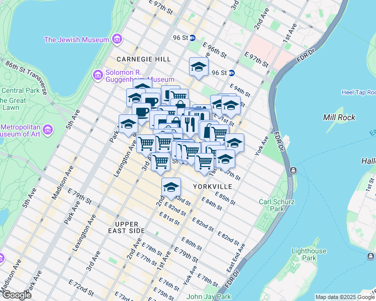 map of restaurants, bars, coffee shops, grocery stores, and more near 1680 2nd Avenue in New York