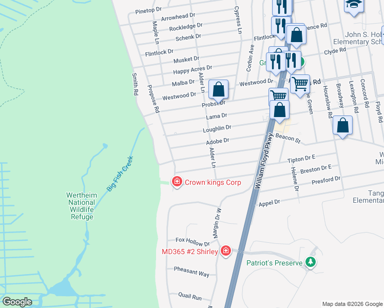 map of restaurants, bars, coffee shops, grocery stores, and more near 16 Adobe Drive in Shirley