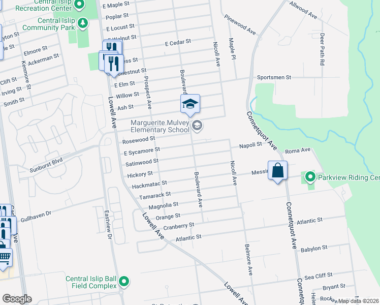 map of restaurants, bars, coffee shops, grocery stores, and more near 42 East Sycamore Street in Central Islip