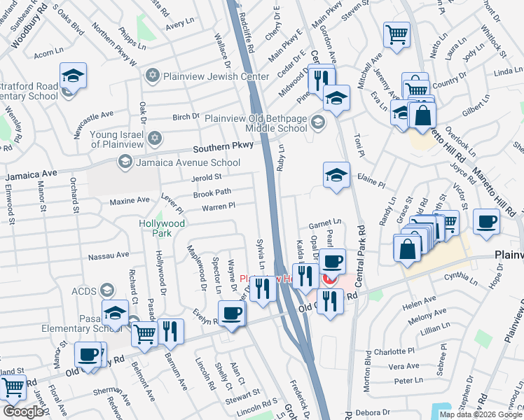 map of restaurants, bars, coffee shops, grocery stores, and more near 54 Sylvia Lane in Plainview