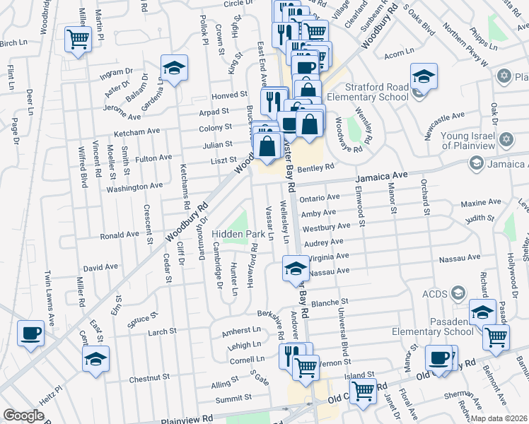 map of restaurants, bars, coffee shops, grocery stores, and more near 73 Vassar Lane in Hicksville