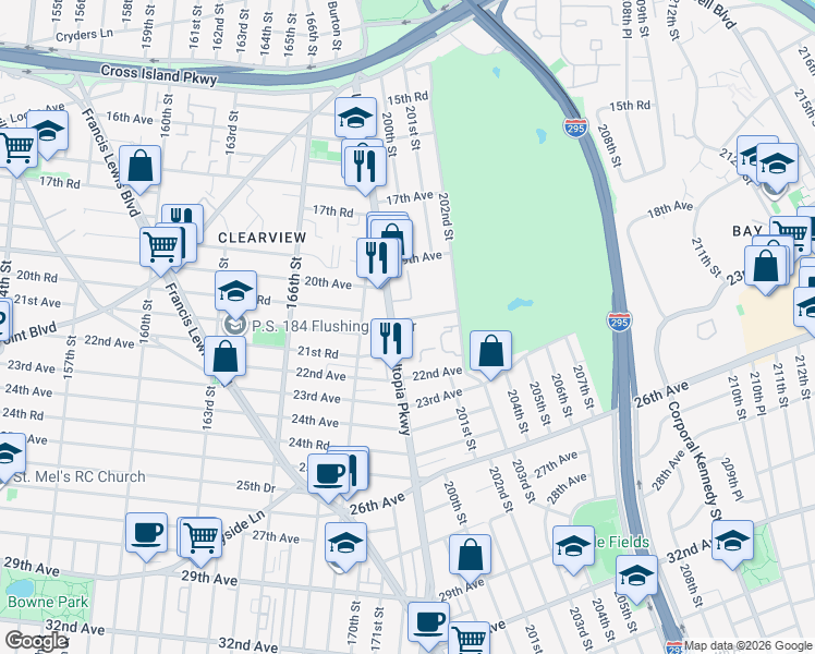 map of restaurants, bars, coffee shops, grocery stores, and more near 199-25 21st Avenue in Queens