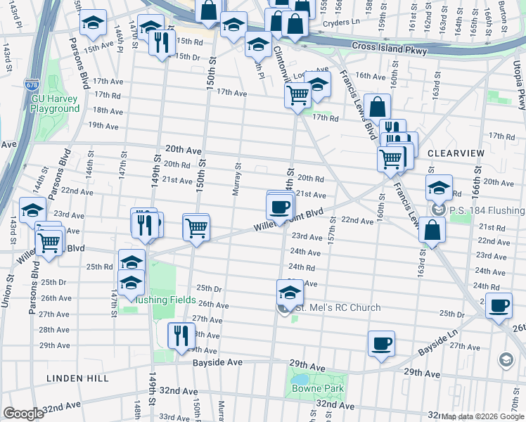 map of restaurants, bars, coffee shops, grocery stores, and more near 151-47 22nd Avenue in Queens