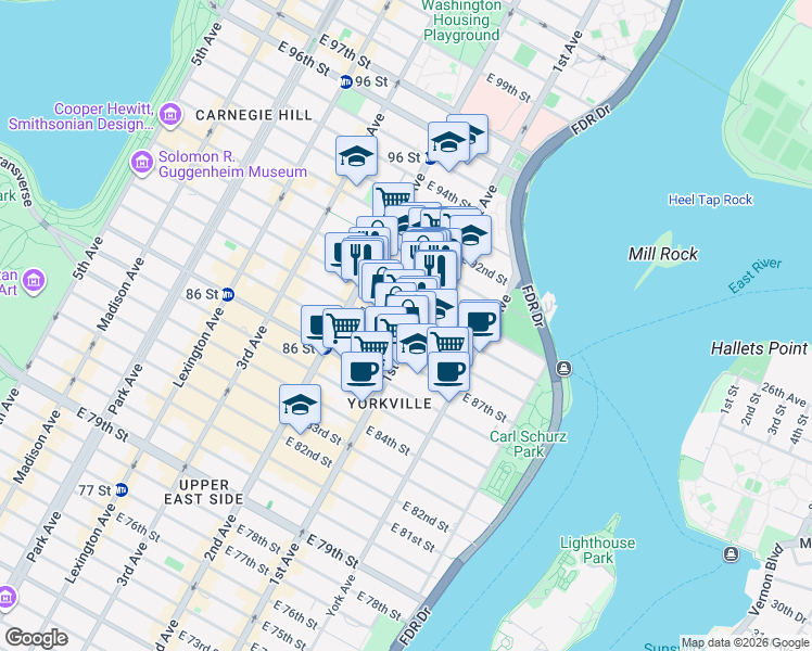 map of restaurants, bars, coffee shops, grocery stores, and more near in New York