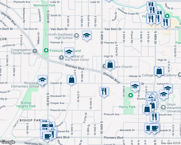 map of restaurants, bars, coffee shops, grocery stores, and more near 3827 Sheridan Boulevard in Lincoln