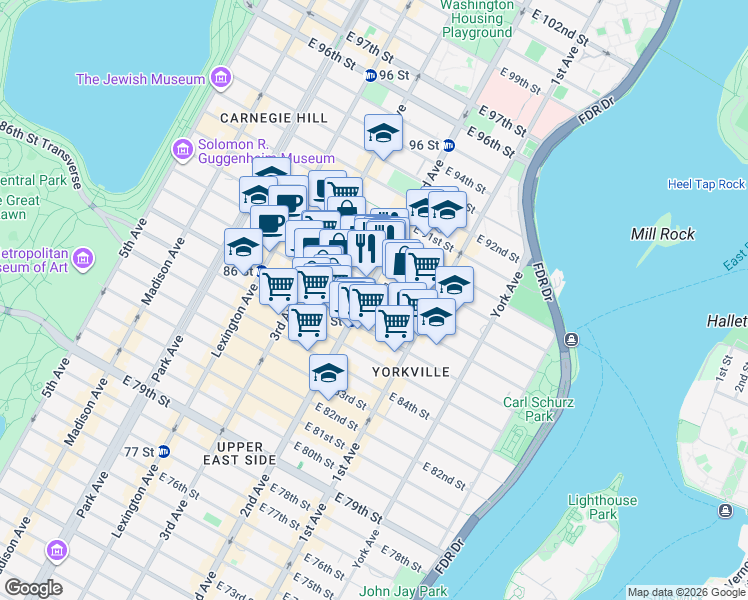 map of restaurants, bars, coffee shops, grocery stores, and more near 301 East 87th Street in New York