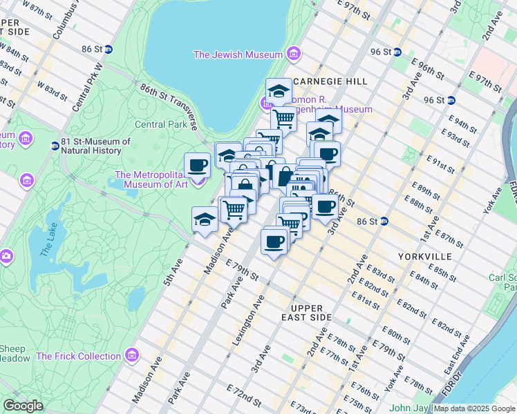 map of restaurants, bars, coffee shops, grocery stores, and more near 56 East 83rd Street in New York