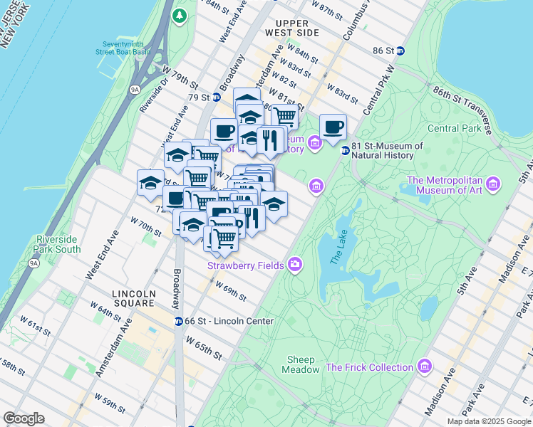 map of restaurants, bars, coffee shops, grocery stores, and more near 49 West 74th Street in New York