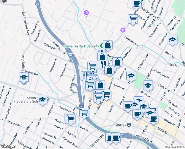 map of restaurants, bars, coffee shops, grocery stores, and more near 66 Main Street in West Orange