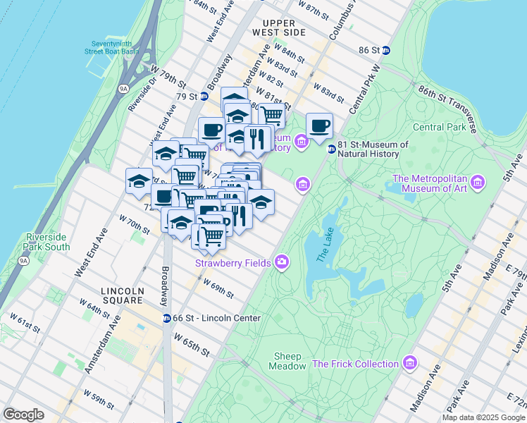 map of restaurants, bars, coffee shops, grocery stores, and more near 34 West 75th Street in New York