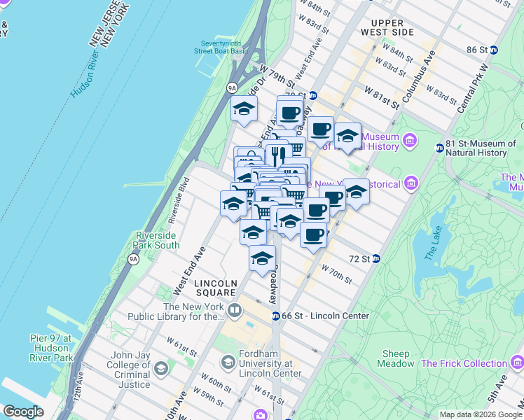 map of restaurants, bars, coffee shops, grocery stores, and more near 224 West 72nd Street in New York