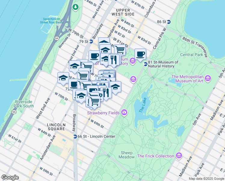 map of restaurants, bars, coffee shops, grocery stores, and more near 58 West 75th Street in New York