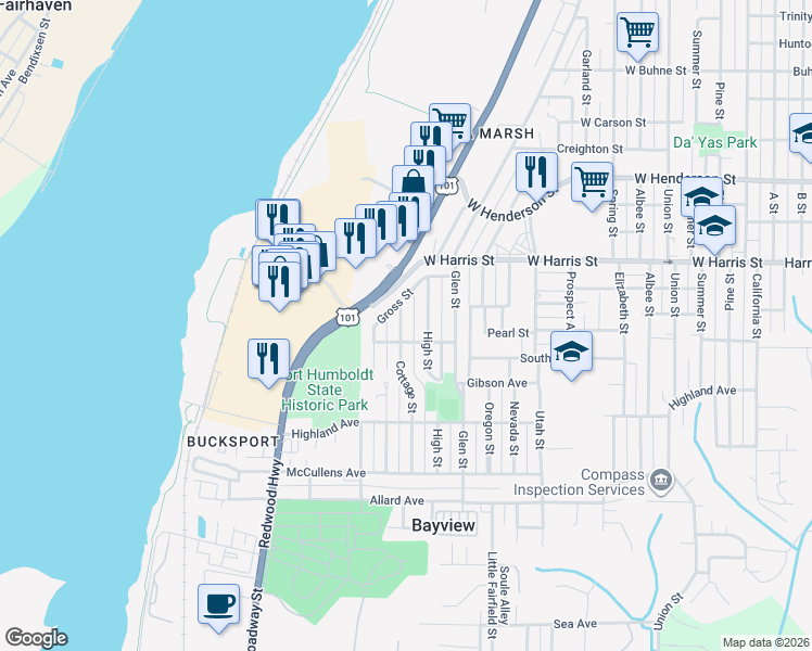 map of restaurants, bars, coffee shops, grocery stores, and more near 3237 Cottage Street in Eureka