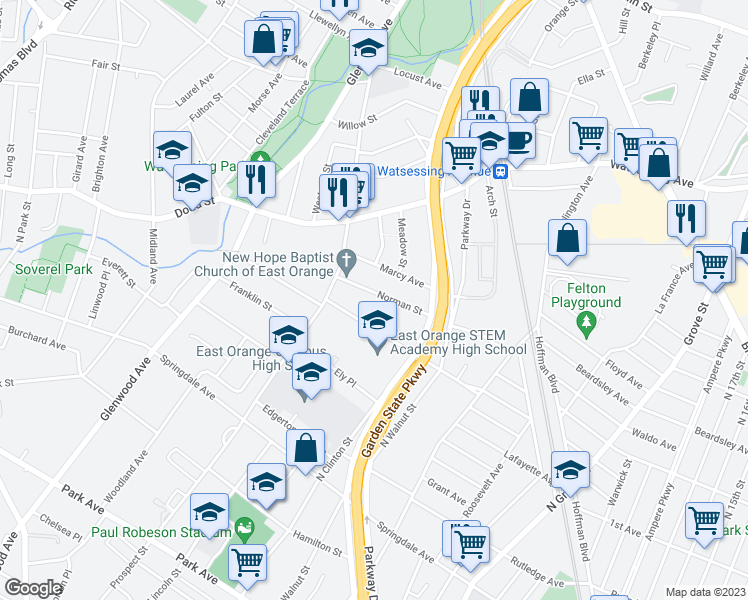 map of restaurants, bars, coffee shops, grocery stores, and more near 112 Norman Street in East Orange