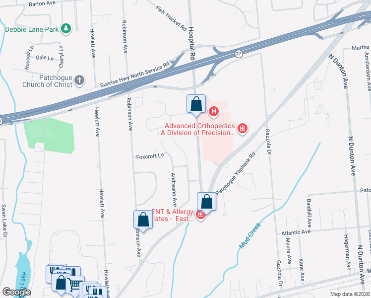 map of restaurants, bars, coffee shops, grocery stores, and more near 41 Neptune Avenue in East Patchogue
