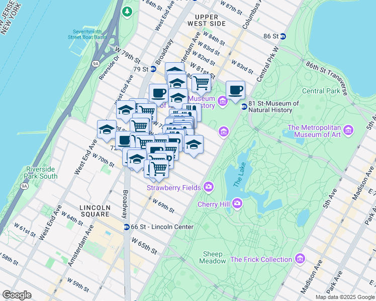map of restaurants, bars, coffee shops, grocery stores, and more near 51 West 74th Street in New York