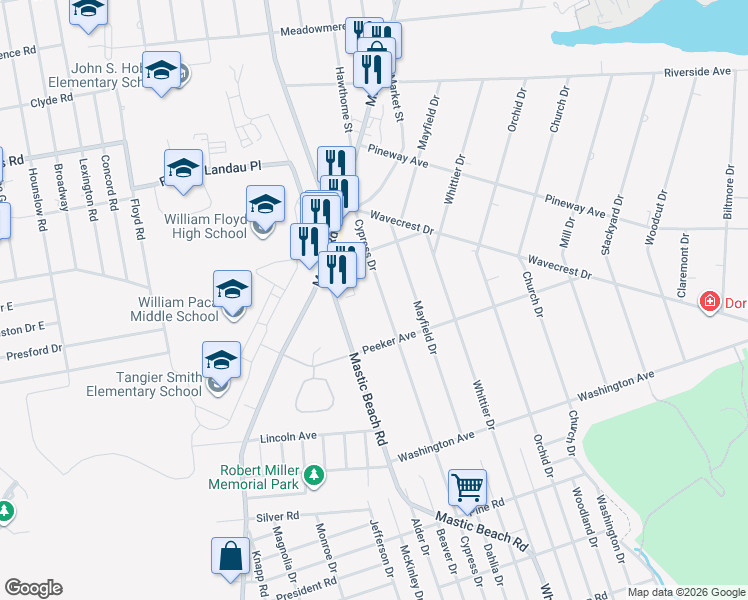 map of restaurants, bars, coffee shops, grocery stores, and more near 324 Cypress Drive in Mastic Beach