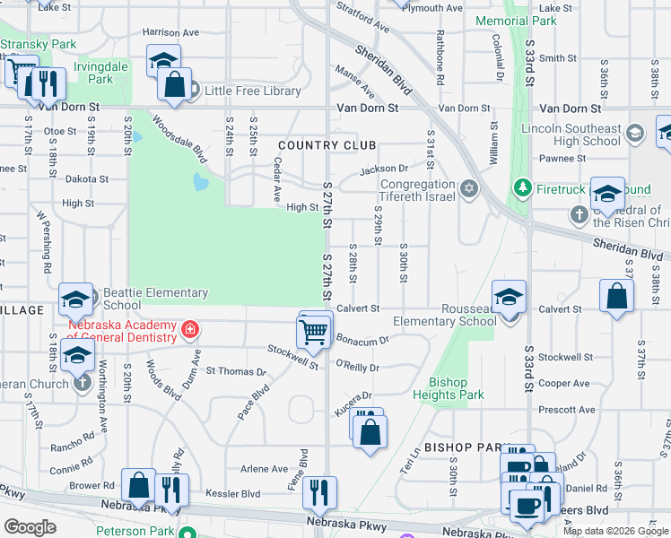 map of restaurants, bars, coffee shops, grocery stores, and more near 3350 South 27th Street in Lincoln