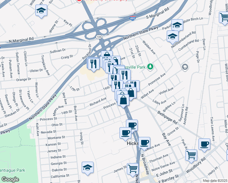 map of restaurants, bars, coffee shops, grocery stores, and more near 11 16th Street in Hicksville