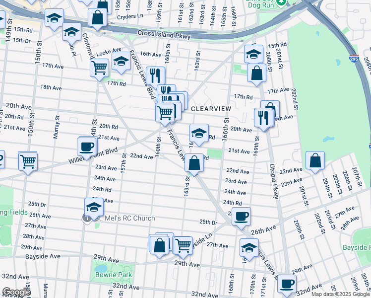 map of restaurants, bars, coffee shops, grocery stores, and more near 160-44 20th Road in Queens