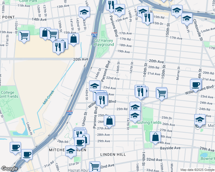 map of restaurants, bars, coffee shops, grocery stores, and more near 22-18 Lee Street in Queens