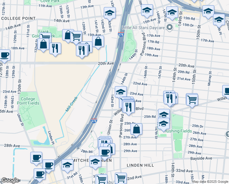 map of restaurants, bars, coffee shops, grocery stores, and more near 143-11 22nd Road in Queens
